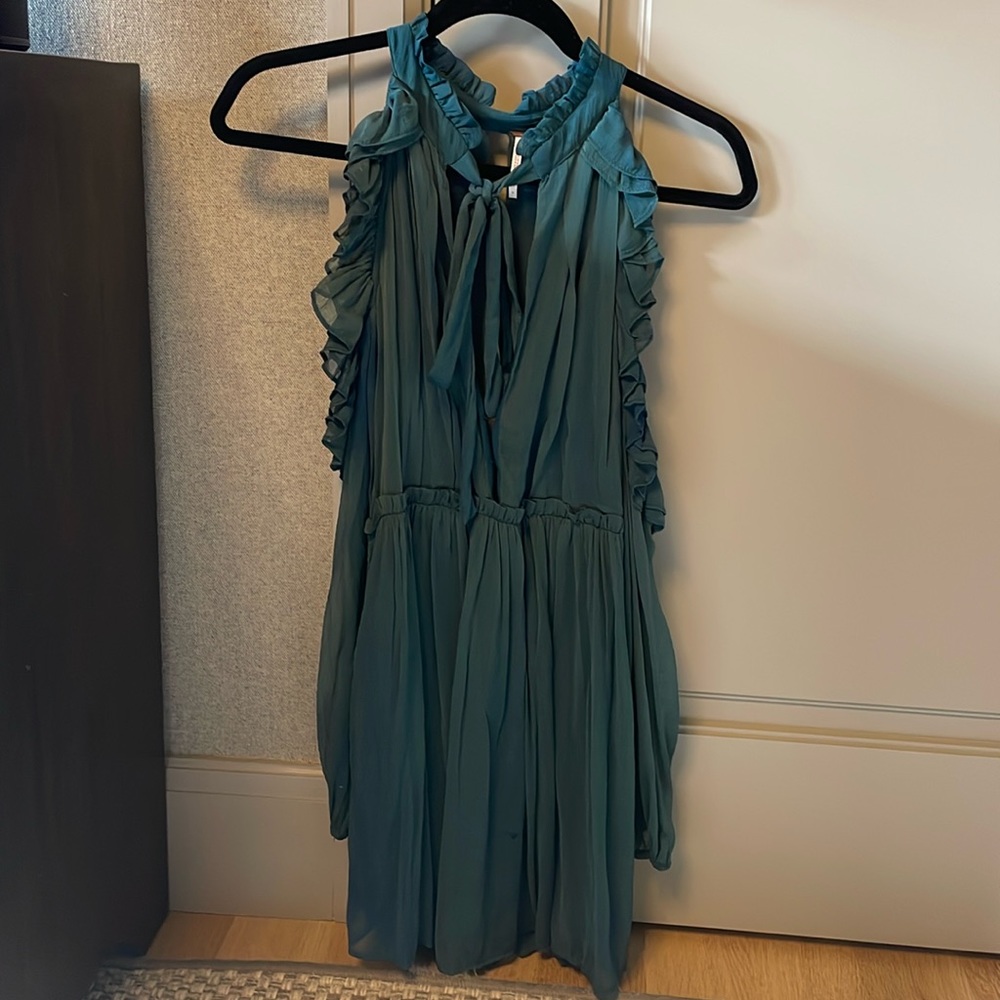 Free People mini dress with tie neck and sheer sleeves